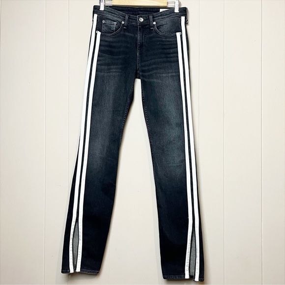rag & bone Cate Mid Rise Flare Jeans 26 2 dark grey racing stripe split hem - Picture 2 of 15